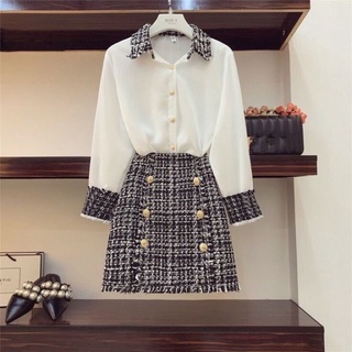 SET Sơ mi phối viền dạ kết hợp chân váy dạ Tweed