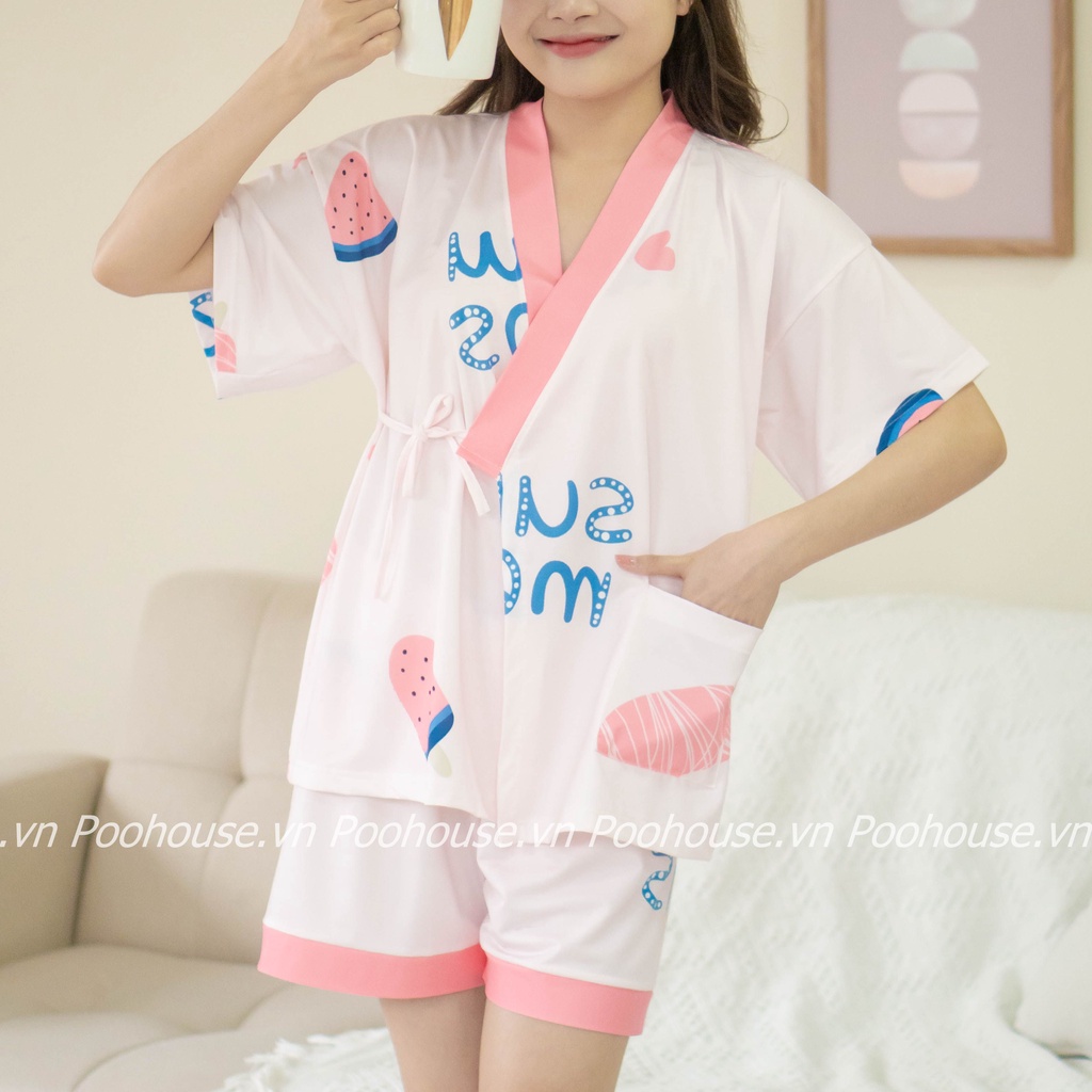 Pijama bộ đồ ngủ Kimono, bộ đồ nữ mặc nhà kiểu Nhật chất liệu cotton cộc tay áo phông, quần đùi - Poohouse KIMONO-SUMMER