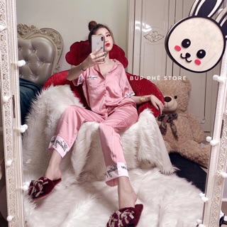 Đồ bộ pijama lụa satin chữ viền sang chảnh tay ngắn quần dài