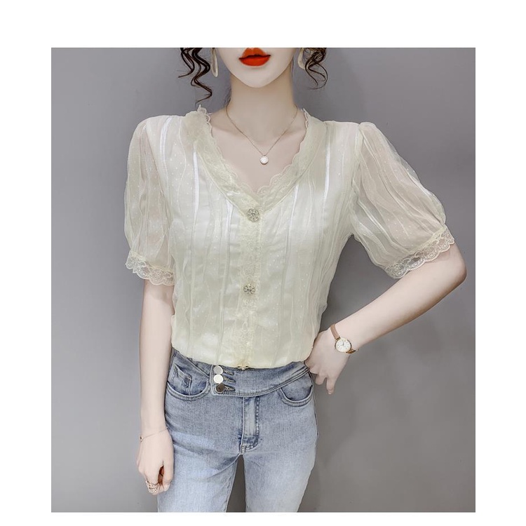 Áo Kiểu Cổ Chữ V Phối Ren Thời Trang Mùa Hè Theo Phong Cách Pháp Dành Cho Nữ