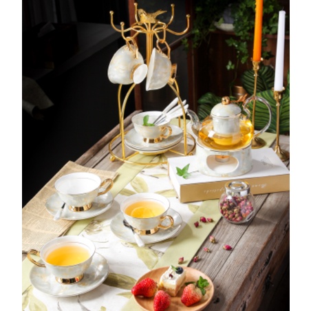 Ấm Chén Giữ Nhiệt Sứ Xương Cao Cấp Kèm Hộp. Bình Pha Bếp Đun Giữ Nhiệt Màu Vân Đá Cao Cấp. Ấm Pha Trà Có Bếp Đun