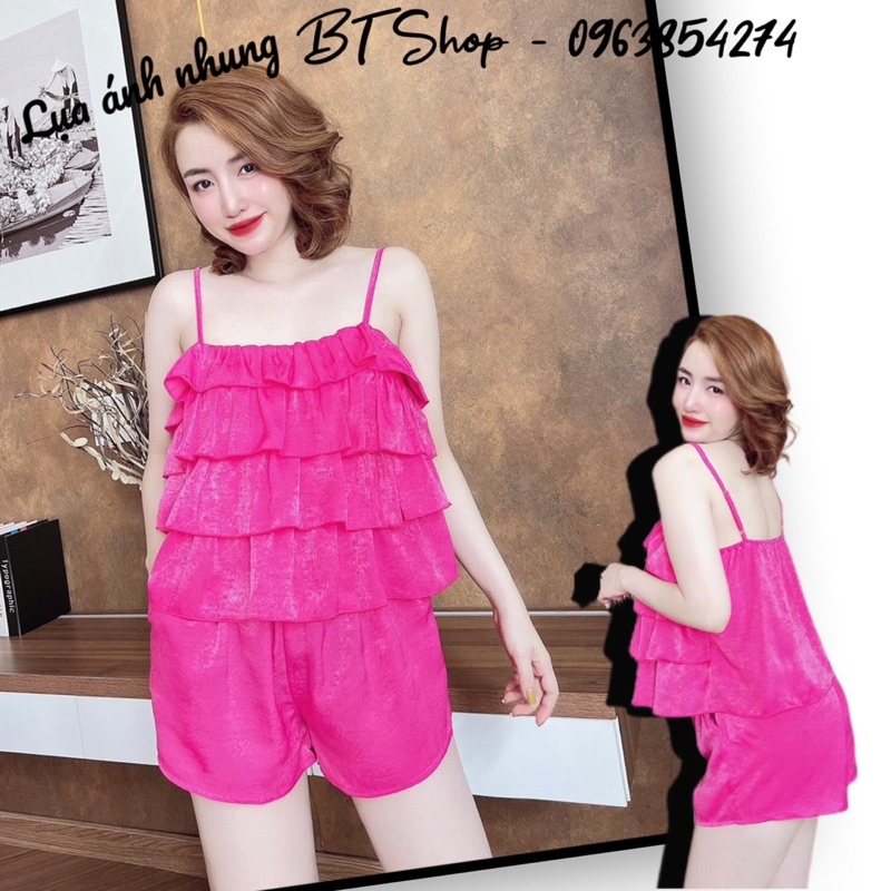 Đồ ngủ lụa latin 2 dây bèo tầng màu trơn freesize 42-57kg