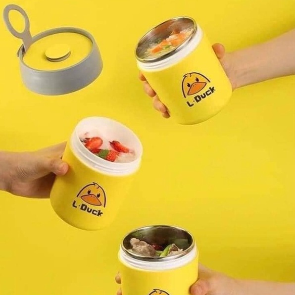 Bình Ủ Cháo Giữ Nhiệt Kèm Thìa In Hình Vịt Vàng G duck Dung Tích 450Ml, Ca giữ nhiệt inox 304 cao cấp
