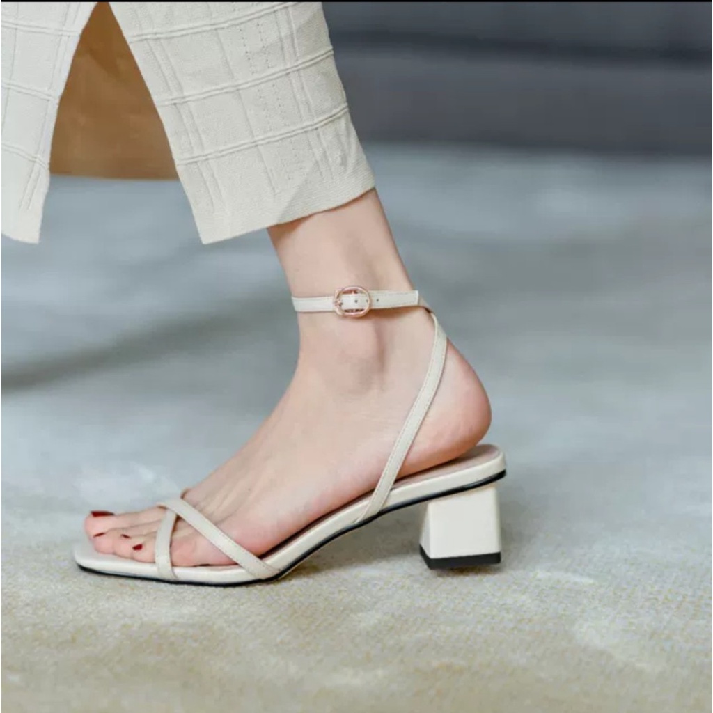 Sandal dây mảnh chéo, đế trụ 5cm, khóa cài, mũi vuông, basic sang trọng - 1000016