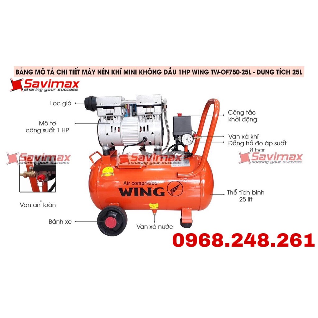 Máy nén khí giảm âm, không dầu Wing TW-OF750-25L | BigBuy360 - bigbuy360.vn