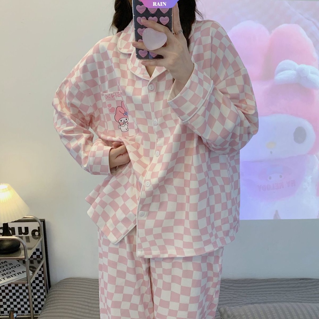 SANRIO Bộ Đồ Ngủ Hai Mảnh Gồm Áo Tay Dài Và Quần Dài In Họa Tiết Hoạt Hình My Melody Dễ Thương Có Nút Cài Cho Nữ