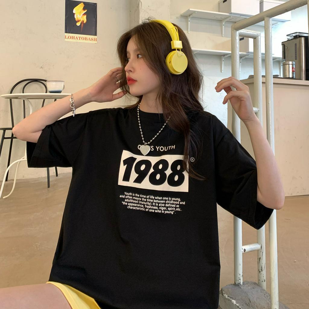 Áo thun tay ngắn dáng rộng in chữ thời trang đơn giản cho nữ