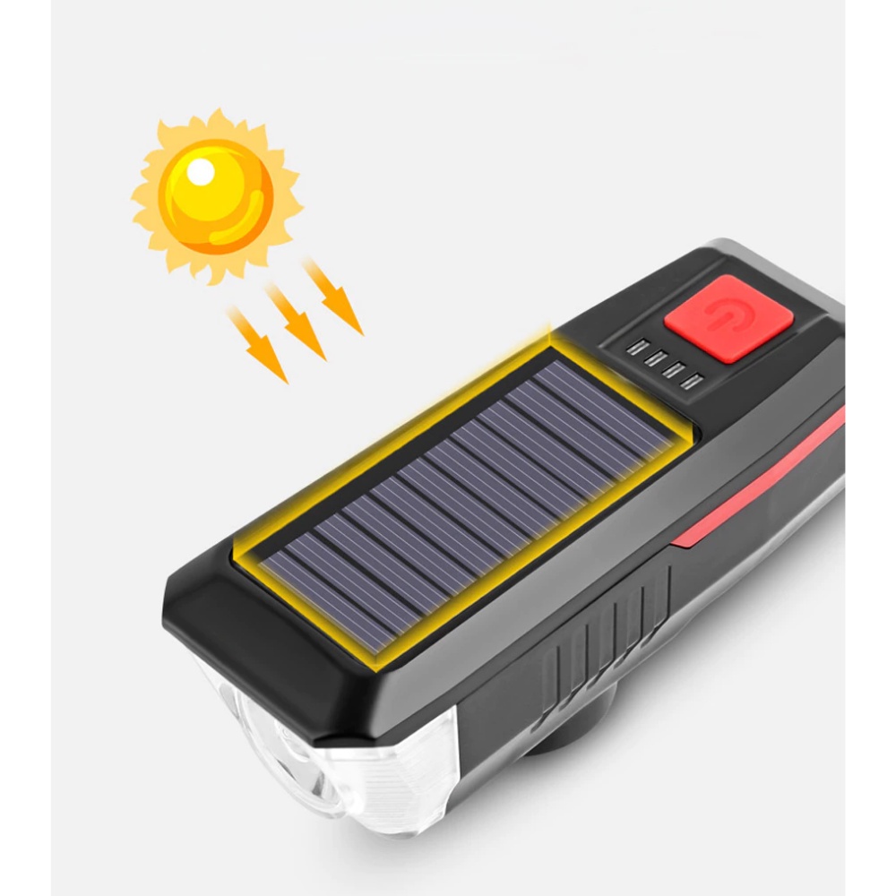 Đèn Xe Đạp Năng Lượng Mặt Trời 6 LED - Pin 2000mAh - 350 lumen - Kèm Còi 120dB - Có Cổng Phụ Sạc USB