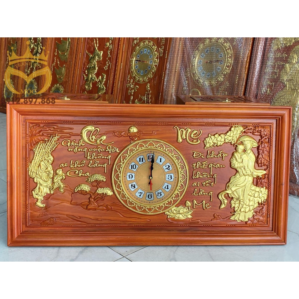 Tranh Đồng Hồ Gỗ Hương Thếp Vàng kích thước 41cm x 81cm