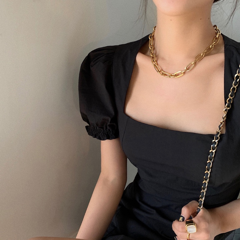 Đầm Cổ Vuông Màu Đen Trơn Phong Cách Hàn Quốc Thời Trang Mùa Hè Cho Nữ