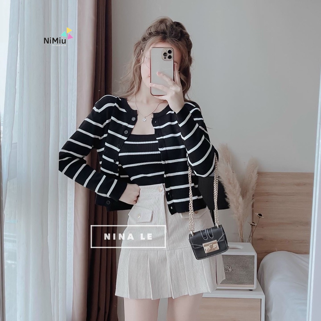 Sét váy nữ thời trang mặc đi chơi, Sét váy for 3 món áo thun gân 2 dây mix chân váy A xếp ly kèm khoác tay dài