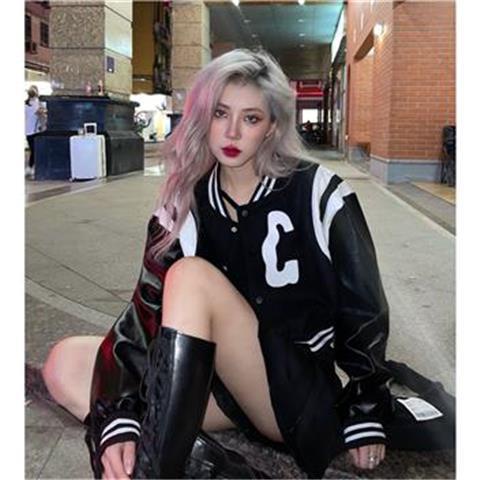 COZOK Áo khoác bóng chày tay dài dáng rộng in chữ