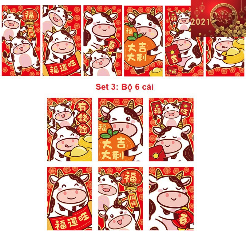 Combo 6 Bao Lì Xì Hoạt Hình TẾT Tân Sửu 2021 - Nhiều loại hình trâu siêu Dễ thương