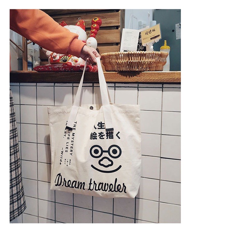 Túi Tote Vải Canvas Dream Traveler Nữ phong cách Ulzzang Có Khóa Kéo chất liệu dày dặn