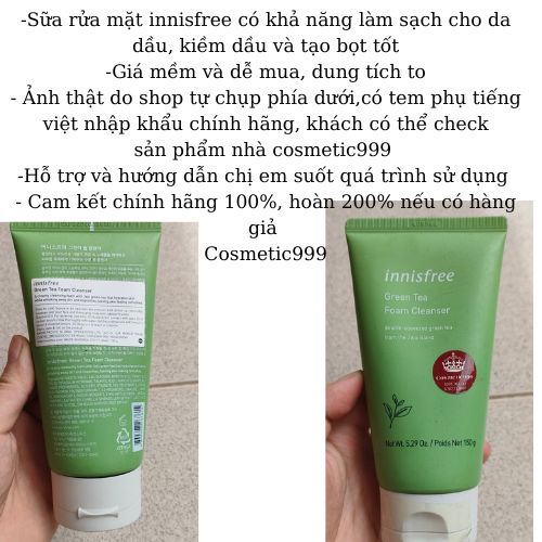 Sữa rửa mặt innisfree trà xanh, Sữa rửa mặt cho da dầu mụn green tea cleaning foam cleanser hàn quốc ch