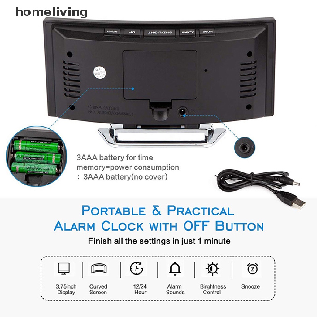 Đồng Hồ Báo Thức Kỹ Thuật Số 7 Inch Có Đèn Led Dạng Cong Để Bàn