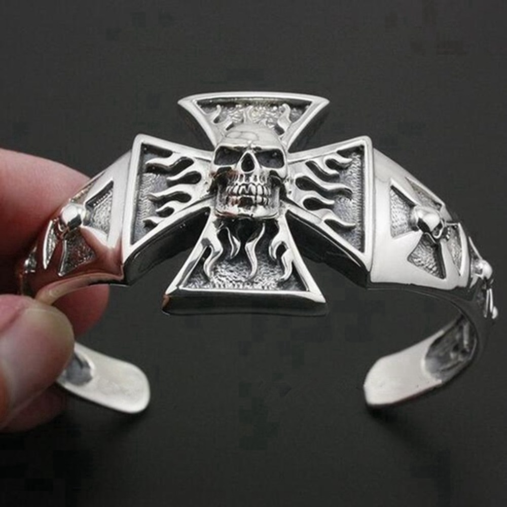 Xu hướng thời trang nam cá tính Fire Ghost Head Knight Bracelet, Men Hip Hop Cross Ghost Jewelry