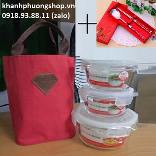 bộ 3 hộp thủy tinh lock&lock và túi giữ nhiệt
