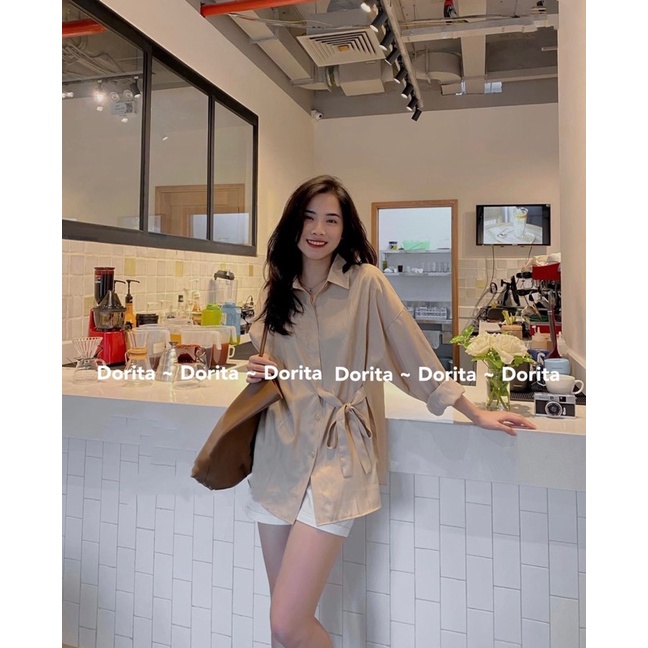Áo sơ mi Oversize Hàn Quốc, Áo sơ mi form rộng dây thắt eo - Dorita Boutique