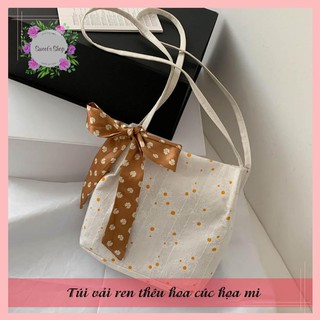 Túi ToTe Vải 💖FREESHIP 💖Túi ToTe Vải Trắng Thêu Hoa Cúc Họa Mi Thắt Nơ Phong Cách Vintage Siêu Dễ Thương