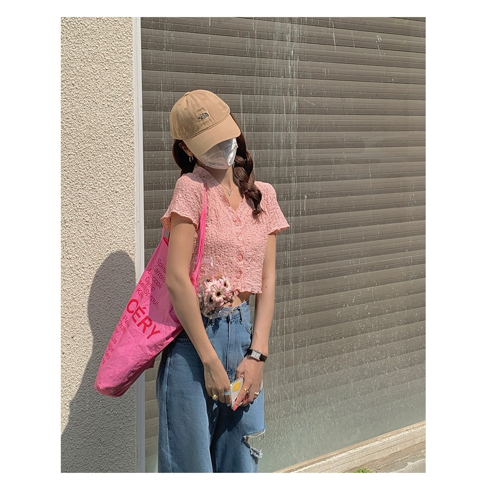 Xiaozhainv Áo croptop tay ngắn cổ V màu trơn thời trang gợi cảm cho nữ