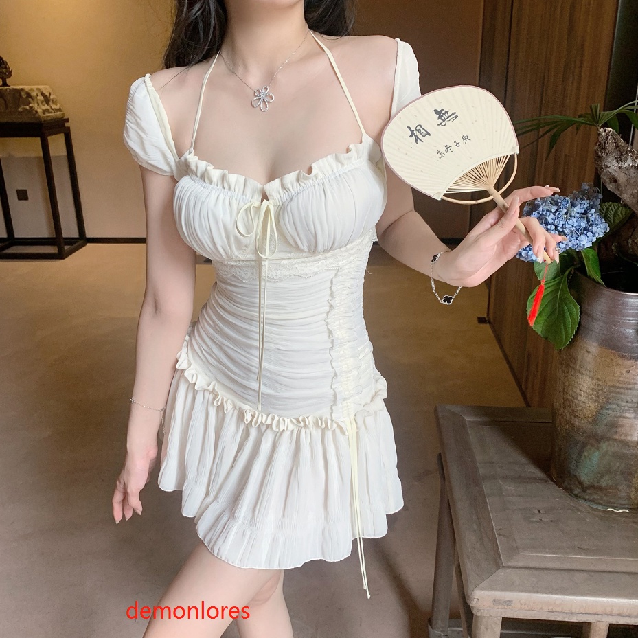 Đầm Tay Ngắn Màu Trắng Thiết Kế Dây Rút Thời Trang Mùa Hè Cho Nữ