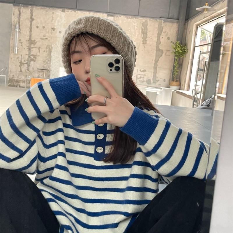 Áo len cổ bẻ kẻ sọc phong cách Hàn Quốc cho nữ