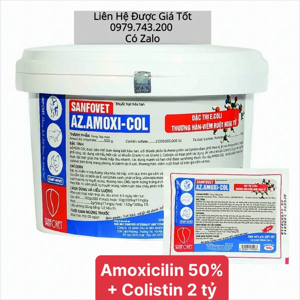 AZ. AMOXI - COL SANFOVET. Tụ huyết trùng, T/phần: AMOXICILIN 50% + COLISTIN 200MIU Ecoli, THƯƠNG HÀN,...Cho động vật nuô