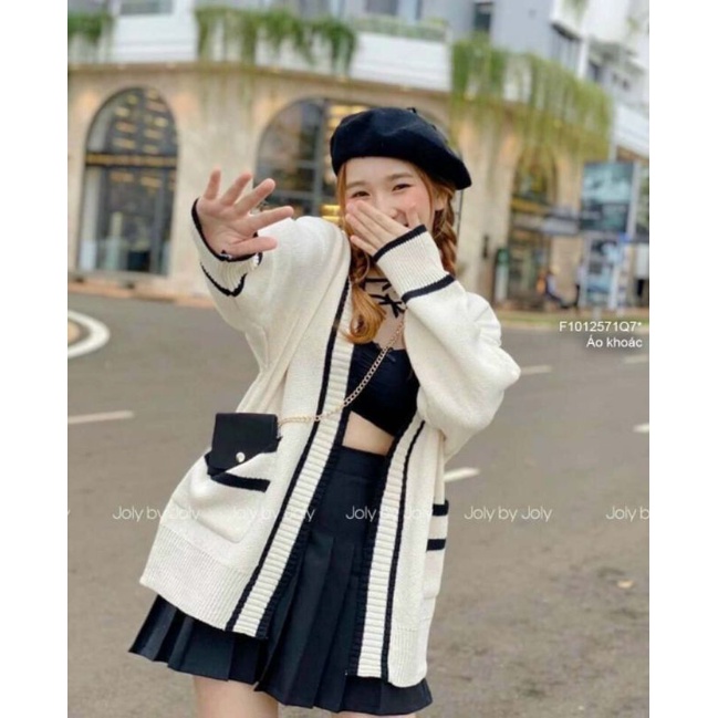 Áo khoác len cardigan phối viền có túi dáng dài hàng QC!1012