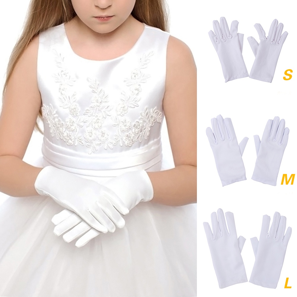 Găng Tay Công Chúa Vải Satin Mềm Mại Co Giãn Hình Bông Hoa Màu Trắng Trang Trọng Thời Trang Dành Cho Bé Gái Trong Tiệc Cưới Hoặc Nhảy Múa