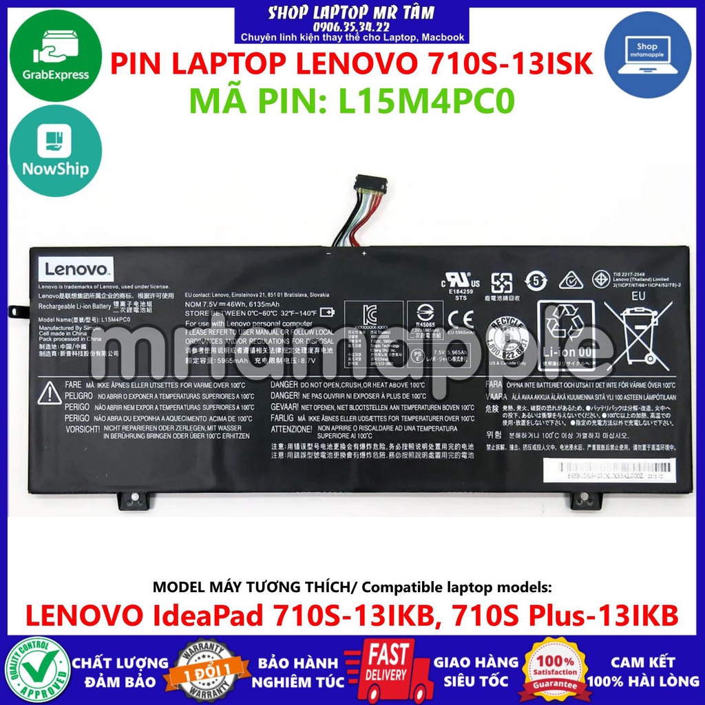 (BATTERY) PIN LAPTOP LENOVO 710S-13ISK L15M4PC0 (ZIN) (4 CELL) dùng cho IdeaPad 710S-13IKB, 710S Plus-13IKB, L15M4PC0