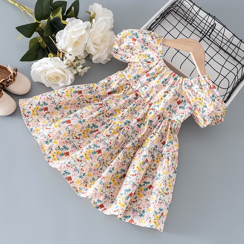 Đầm cotton tay phồng dài in họa tiết hoa phong cách phương Tây thời trang mùa hè cho bé gái 9 tháng-3 tuổi