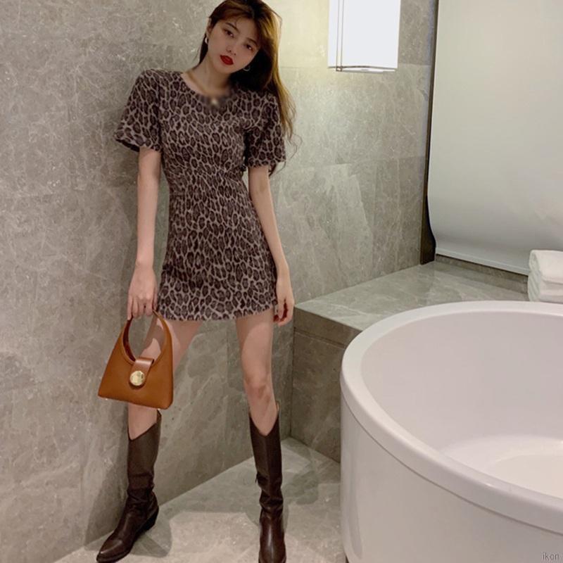 Váy tay ngắn cổ tròn họa tiết đốm da báo thời trang phong cách Hàn Quốc