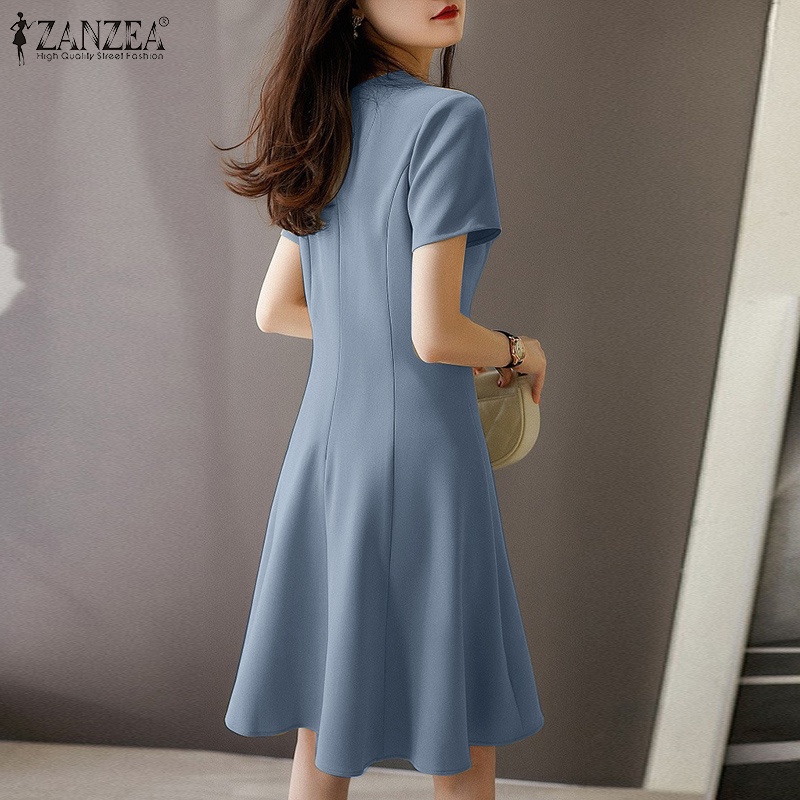 Zanzea đầm tay ngắn màu trơn thiết kế đơn giản phong cách Hàn Quốc cho nữ