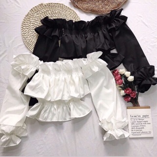 Áo croptop trễ vai tay dài bèo nhún viền tầng 2 lớp - by SugarG
