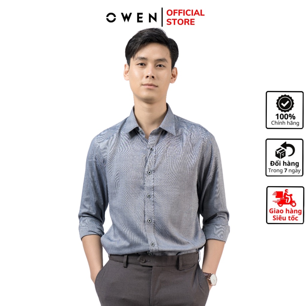 Áo sơ mi nam dài tay OWEN AS220136D somi công sở vải sợi tre cao cấp màu oxford ghi dáng ôm tà lượn không túi