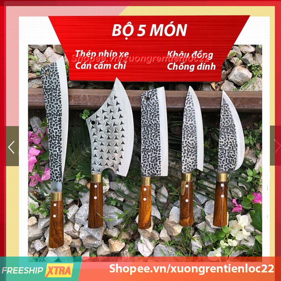 Bộ Dao Nhà Bếp 10 món Thép Nhíp Dập Vân chống dính Chặt Cây, Xương, Thái Lọc Thịt - Cán Gỗ Cẩm chỉ - Dụng cụ nhà bếp
