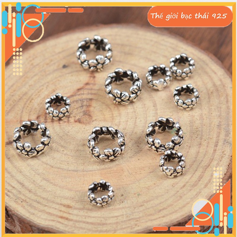 Charm bạc chặn hạt hình trụ họa tiết bông hoa