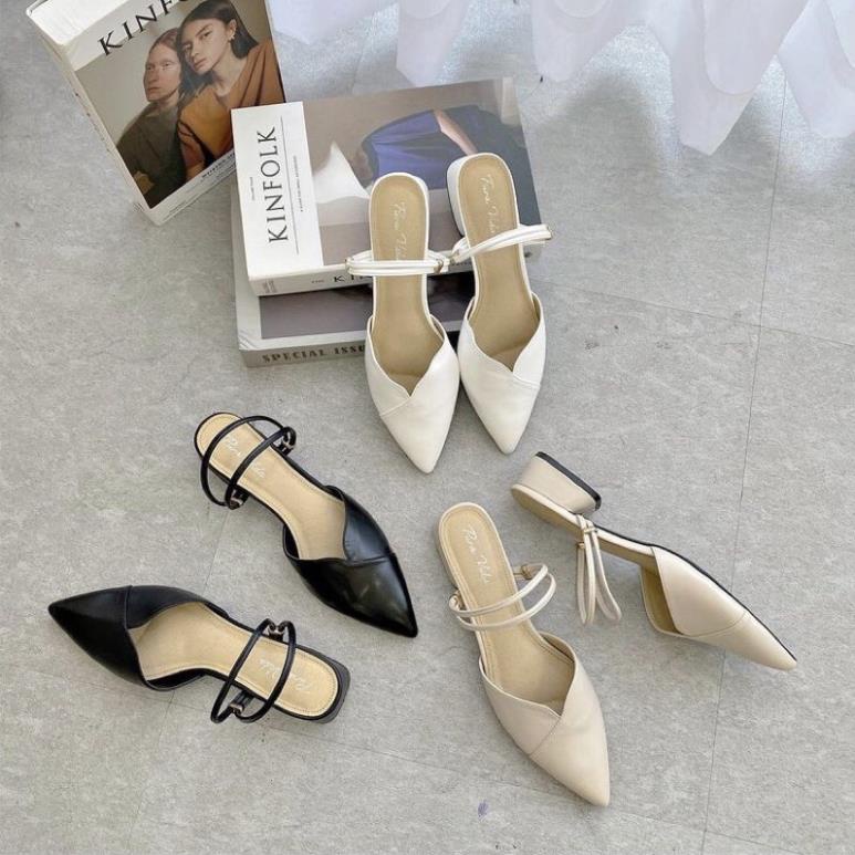 Giày BB cao gót bít mũi đế vuông thời trang mũi tim phối dây quai mảnh 2in1 đế cao 3cm BuT