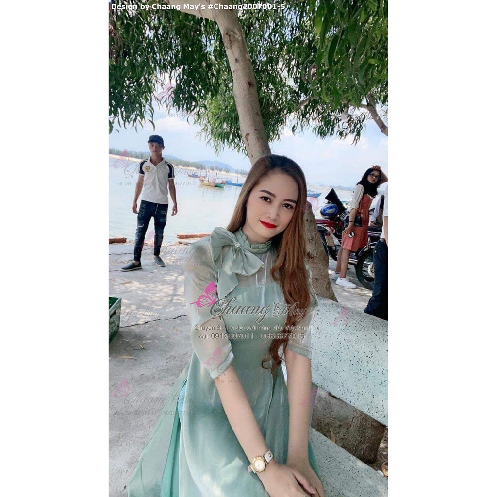 Áo dài xước kim tuyến ⚡ FREESHIP ⚡ Áo dài 4 tà đính nơ cổ xếp | BigBuy360 - bigbuy360.vn