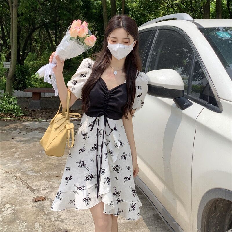 Đầm hoa PERTY cổ vuông dáng chữ A phong cách Hàn Quốc thời trang cho nữ