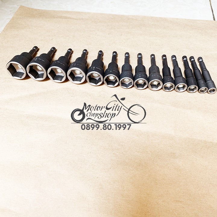 Đầu chụp, đầu bắn bu lông đủ cỡ từ 6mm đến 19mm có nam châm hút dài 65mm hàng Đài Loan bộ 14 chụp