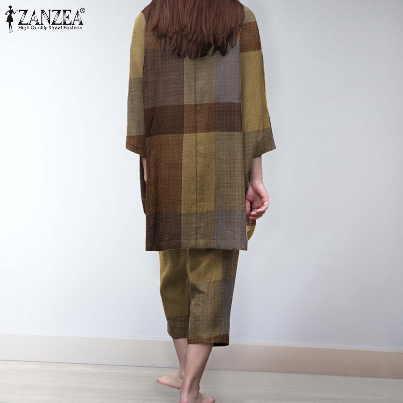 Set bộ ZANZEA gồm áo cổ lọ họa tiết sọc caro + quần ống rộng lưng thun thời trang Châu Âu cho nữ