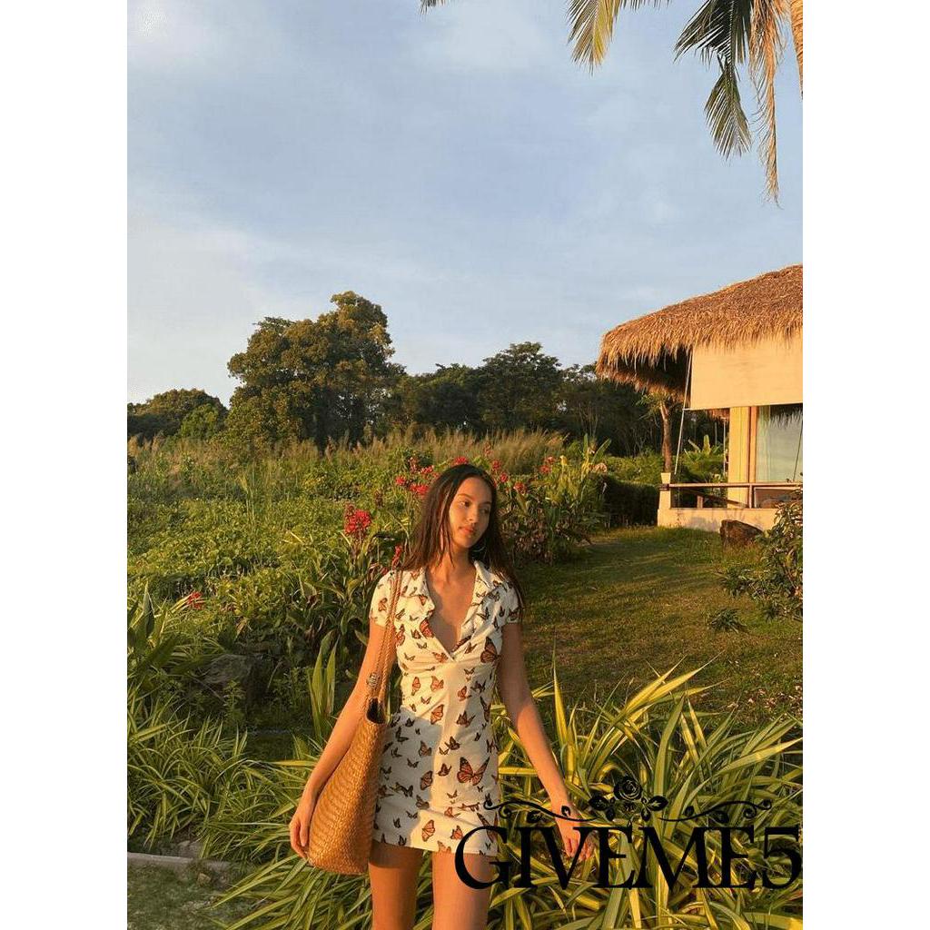 Đầm Ngắn Tay In Họa Tiết Hoa / Bướm Gợi Cảm Cho Nữ