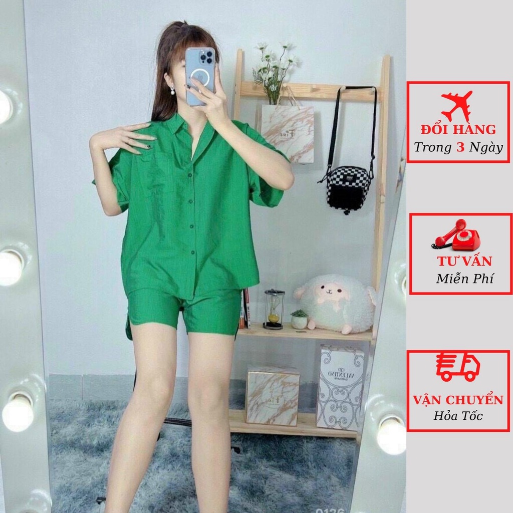 Set áo sơ mi đũi nữ tay ngắn kèm quần short ngắn đi biển du lịch ulzzang Hàn Quốc