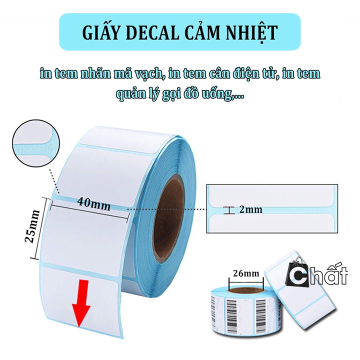 Giấy in nhiệt, in mã vạch 1 tem 40x25mm, khổ 44 dài 30m