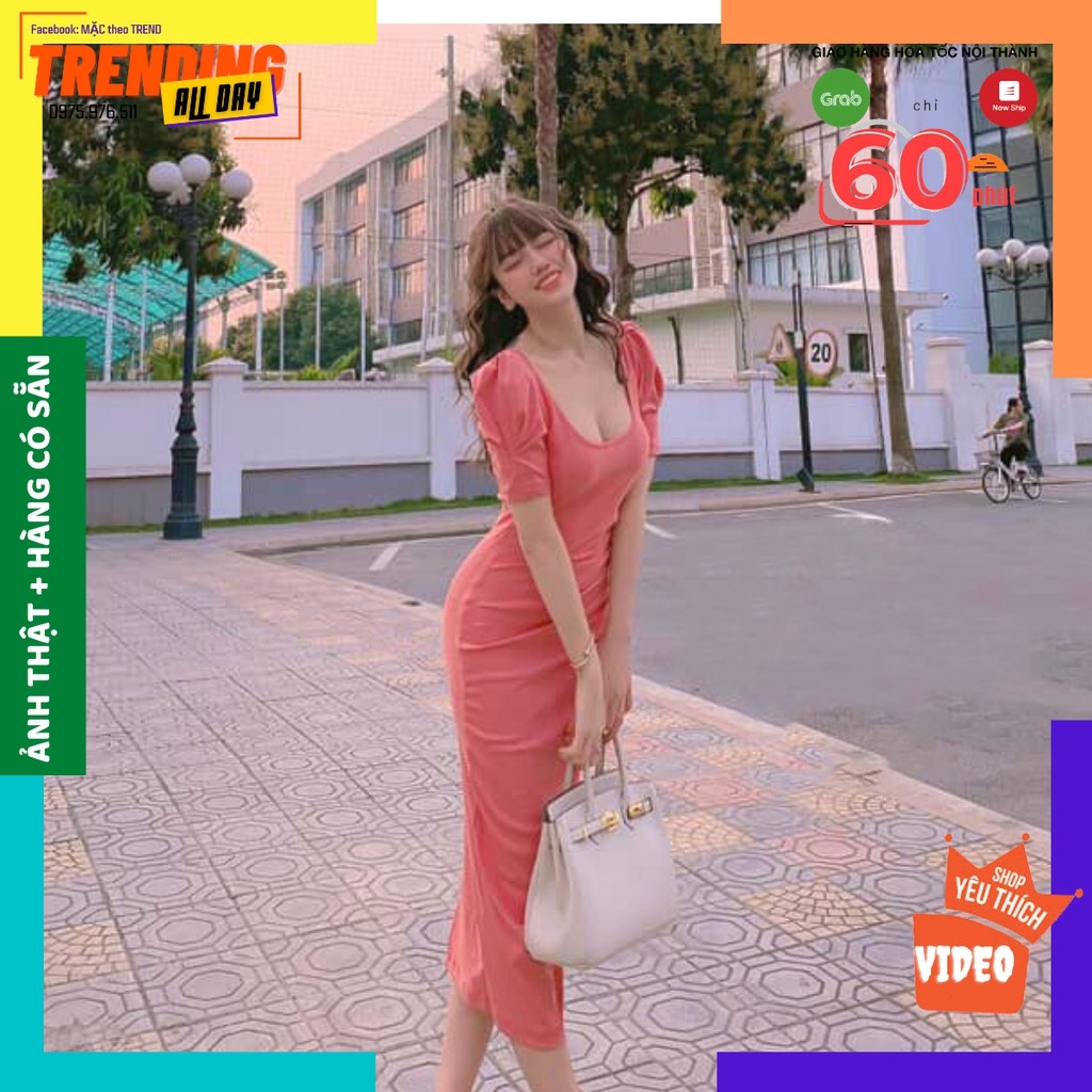 Đầm body dáng dài, đầm thiết kế cổ vuông tay phồng tôn dáng tôn da mặc bao chảnh bao sang | BigBuy360 - bigbuy360.vn