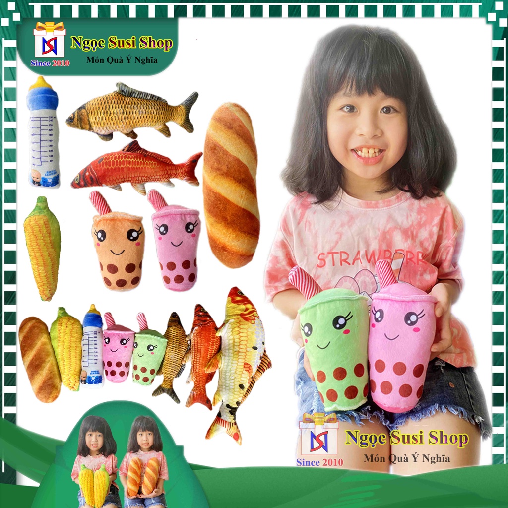 GẤU BÔNG GỐI ÔM BÌNH SỮA ,TRÀ SỮA , BÁNH MÌ , CÁ CHÉP 3D SIZE NHÍ SIÊU MỊN - THÚ BÔNG CHO BÉ