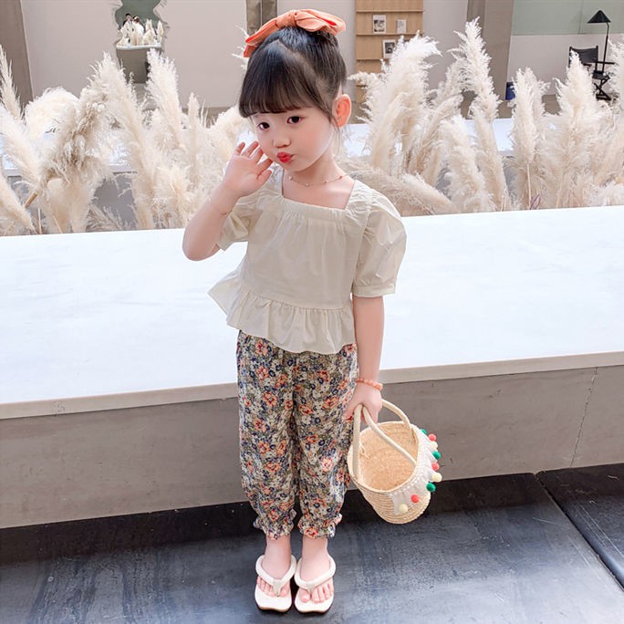 Girls summer western style 2021 new children's Korean version of the net red summer baby floral mosquito pants two-piece suit