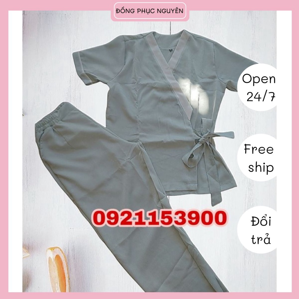Đồng phục spa màu xanh nhạt buộc nơ (Nam-Nữ)